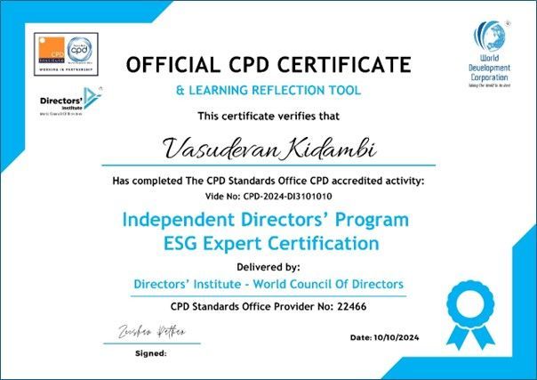 Independent Director’s Program as an ESG Expert Certificate