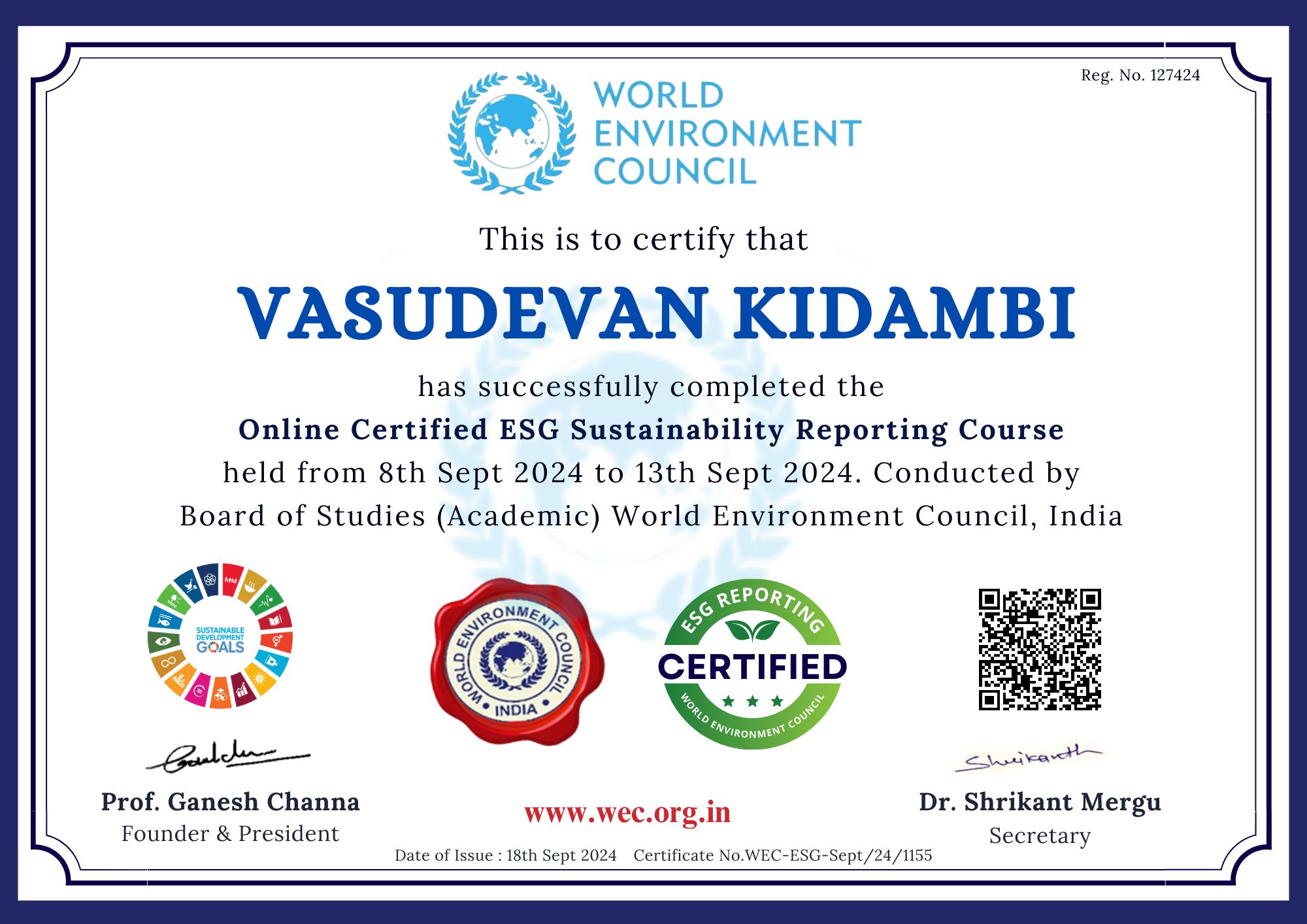 Completed ‘Online Certified ESG Sustainability Reporting Course’